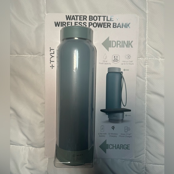 Tylt 12 Hour Hot/Cold Water Bottle & Qi Wireless 5700mAh Power Bank 24oz Blue
